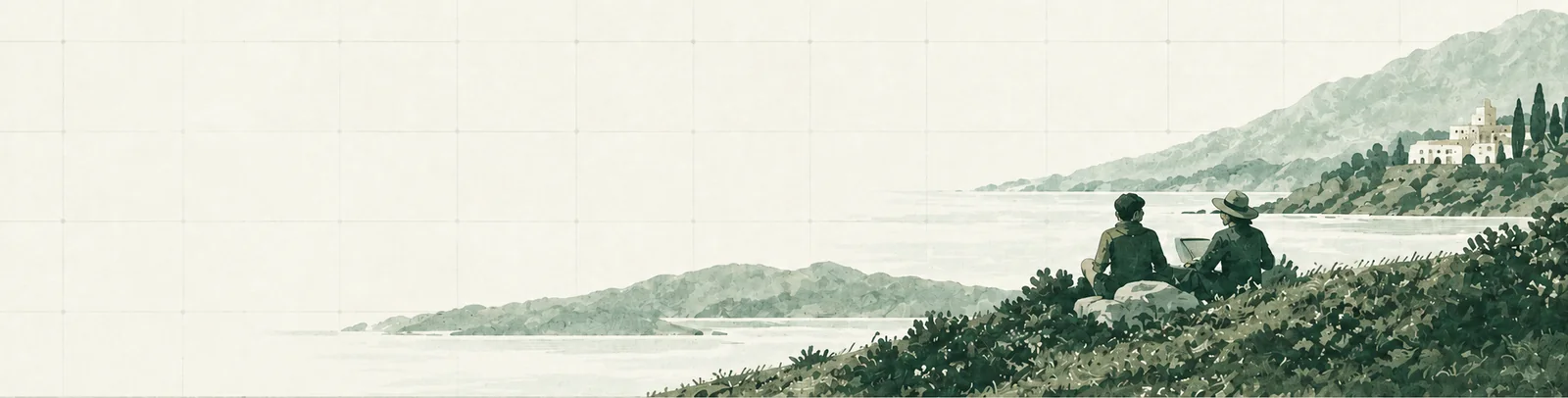 Two people look out over water from a hill