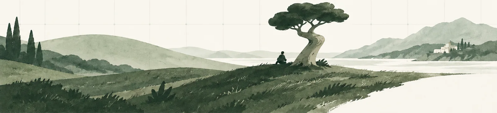 Illustrated hills and a tree beside water