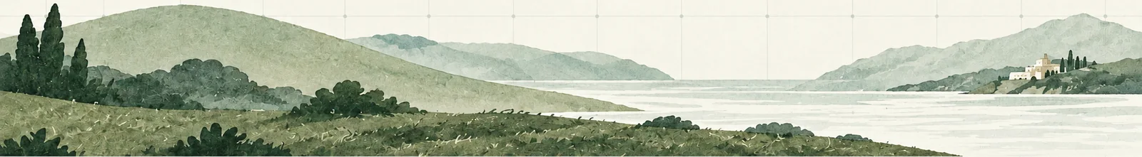 Illustrated hills above a bay